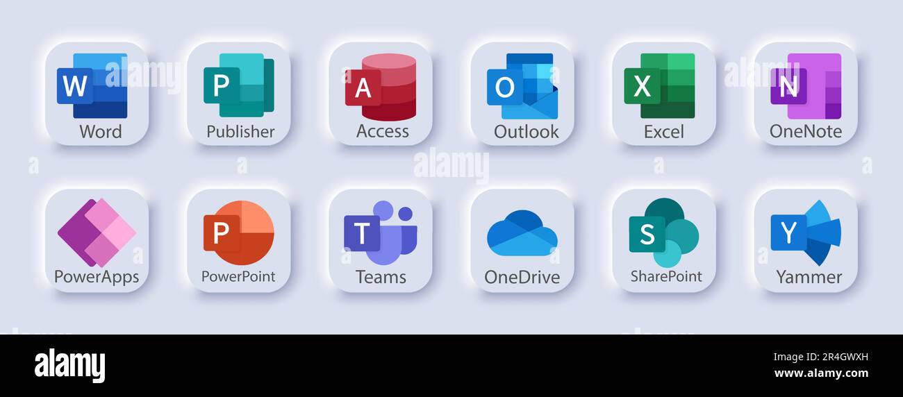 Microsoft Office 365: Excel, PowerPoint, Publisher, Sway, Outlook, SharePoint, Access, Exchange, Word, Yammer, OneDrive, Teams, Skype, OneNote, Yammer Stock Vector