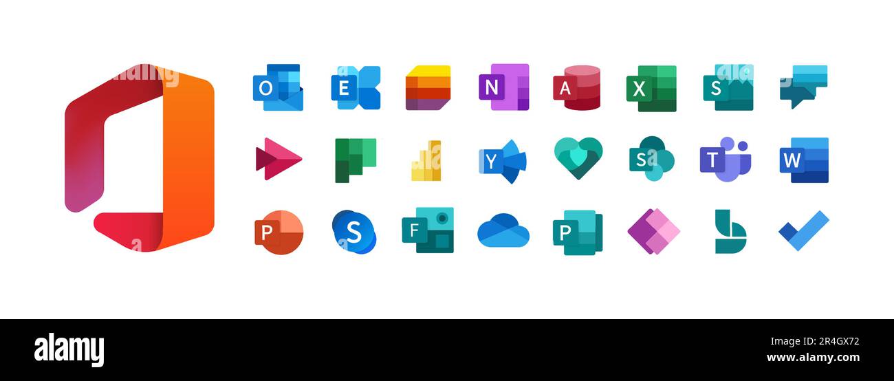 Microsoft Office 365: Yammer, Publisher, Skype, Exchange, PowerPoint, OneDrive, Word, Excel, Access, Outlook, OneNote, Teams, Sway, SharePoint, Skype. Stock Vector