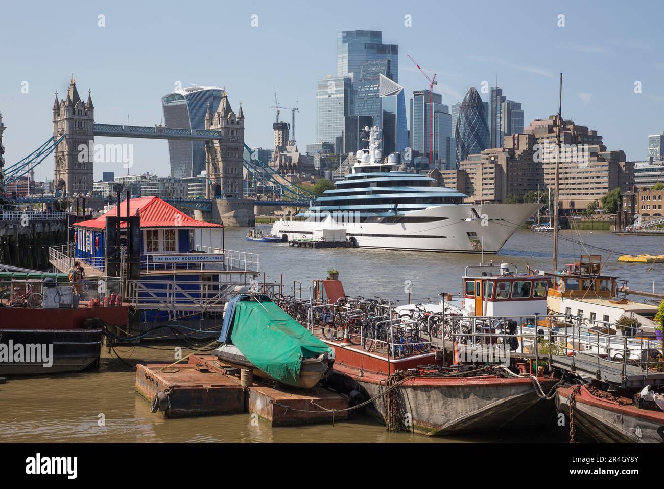 Super Yacht Kaos moored at Tower Bridge London Stock Photo