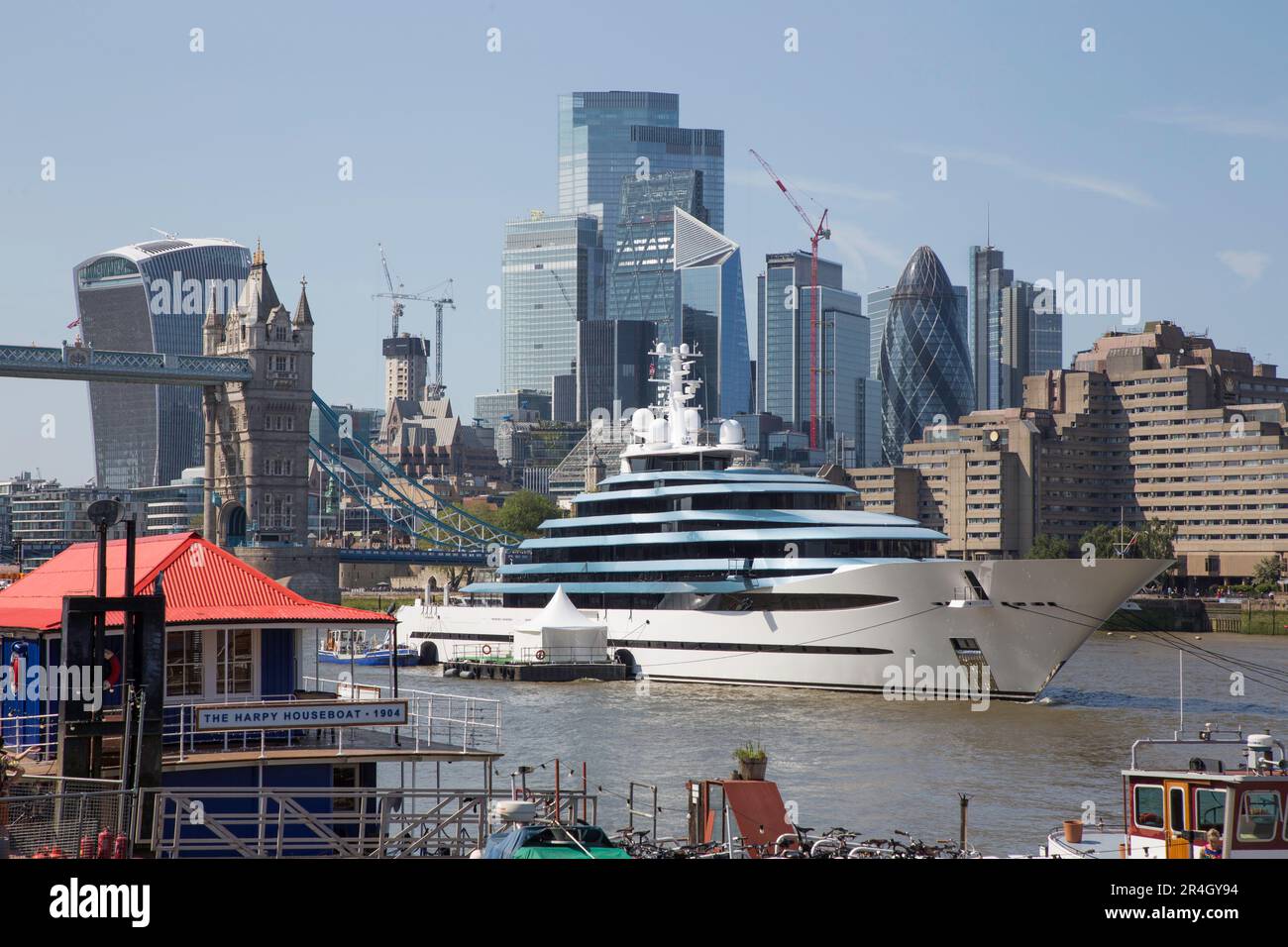 Super Yacht Kaos moored at Tower Bridge London Stock Photo