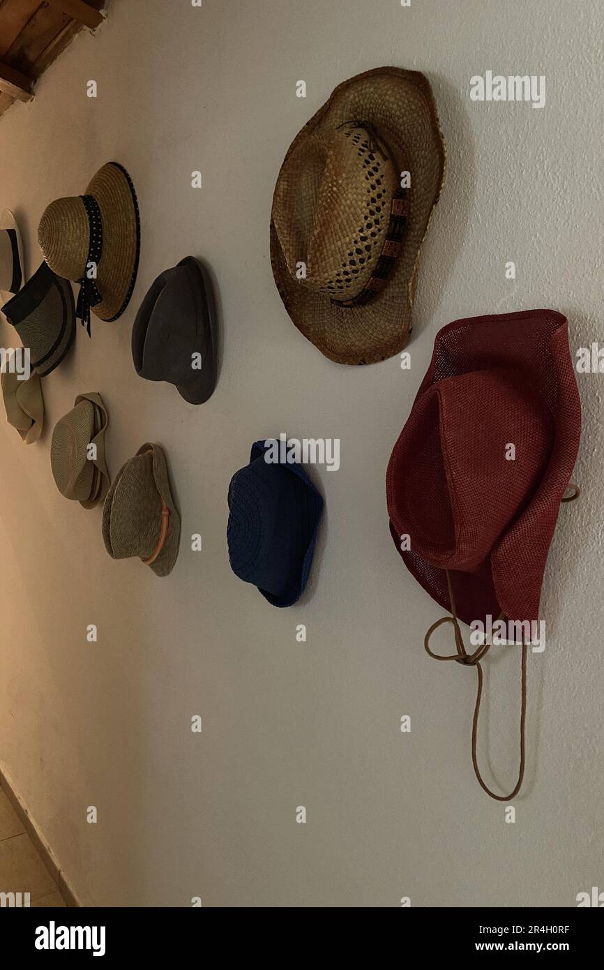 Hats hanging on a white wall in an old house room hall with wooden ceiling, hanged vintage classic timeless fashionable style hats for men and women Stock Photo