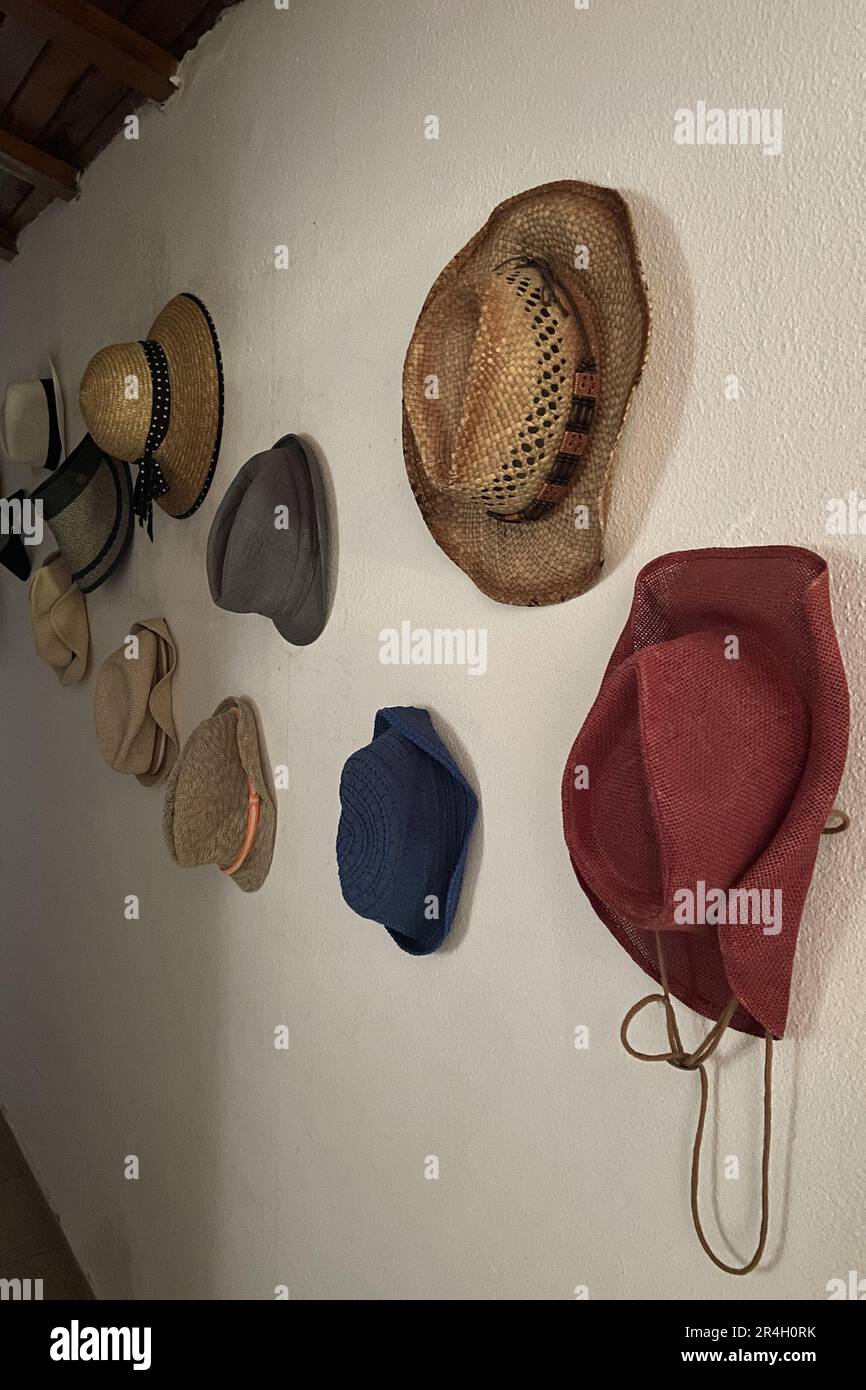 Hats hanging on a white wall in an old house room hall with wooden