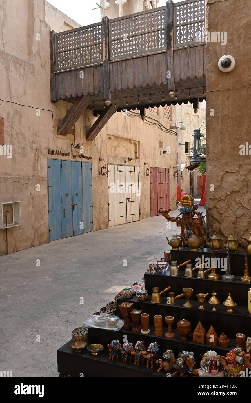 View of an alley inside Al Fahidi in Deira, one of the oldest and most established areas of Dubai, United Arab Emirates Stock Photo