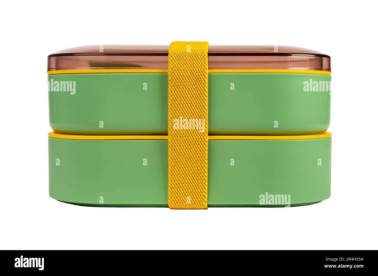 Double lunch boxes with ribbon. Lunchbox isolated on white Stock Photo