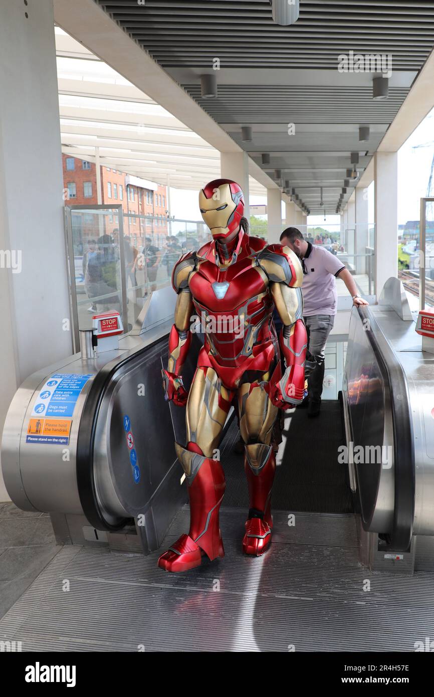 London, UK. 28th May, 2023. Iron Man riding the Elizabeth Line to MCM London Comic Con 2023. Iron Man decided not to fly in to the show which takes place at Excel, choosing rather to let the train take the strain. Maybe he just wanted to try out the new line which has only recently been fully opened. Credit: Paul Brown/Alamy Live News Stock Photo