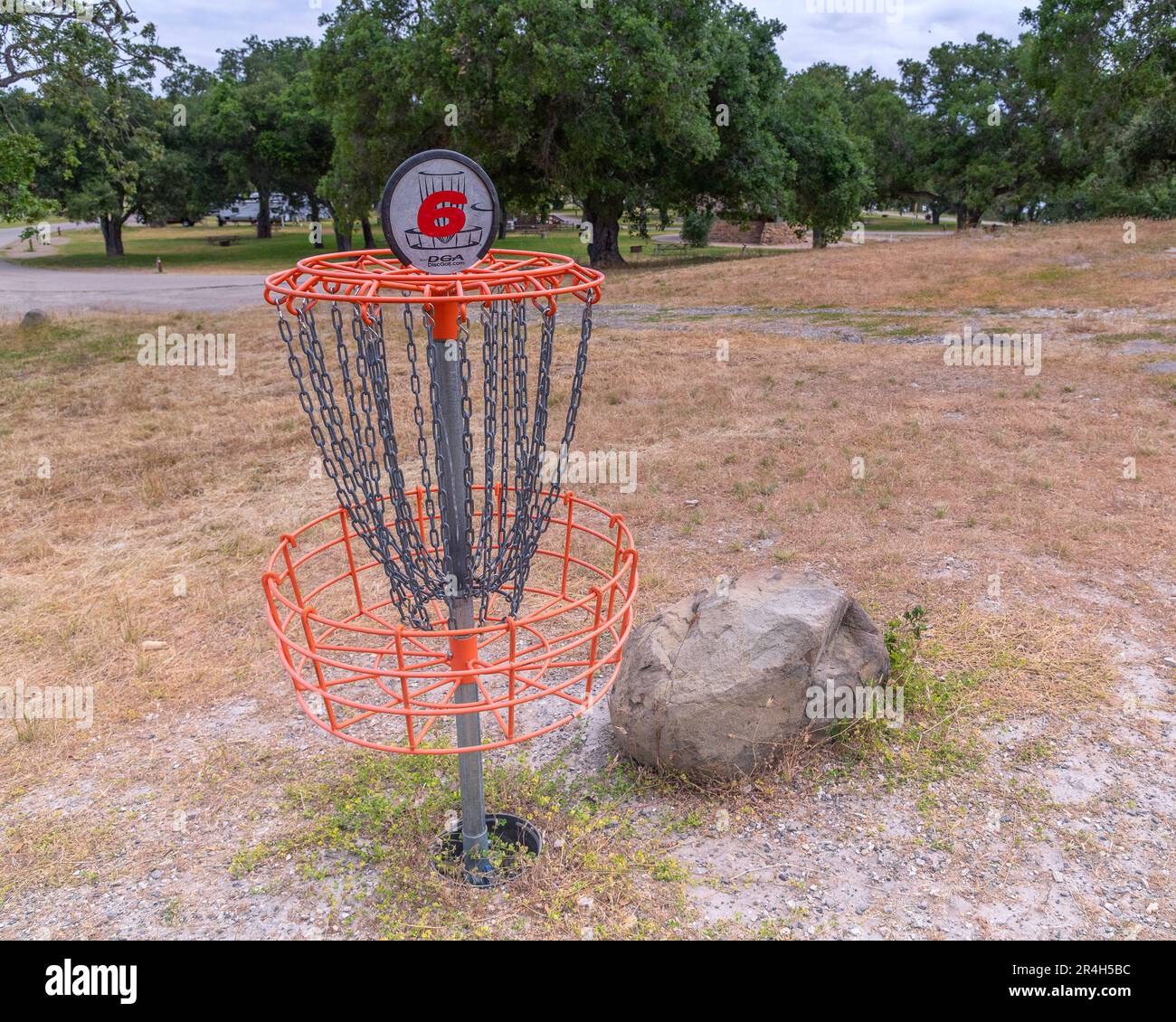 Santa Barbara County, CA, USA May 25, 2023 Disc golf course basket