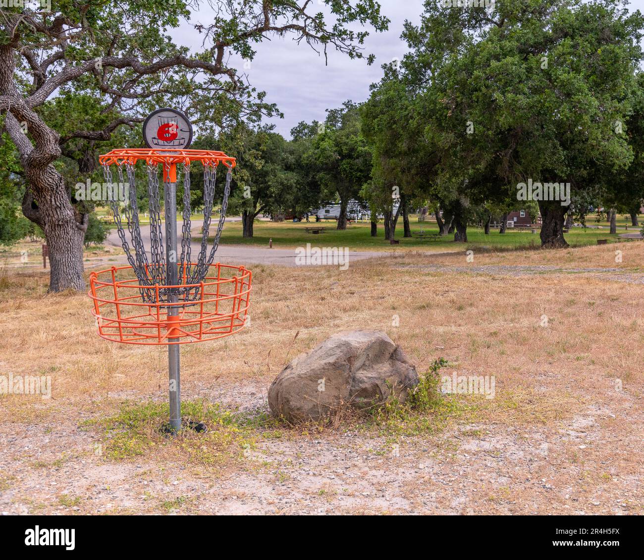 Santa Barbara County, CA, USA May 25, 2023 Disc golf course basket
