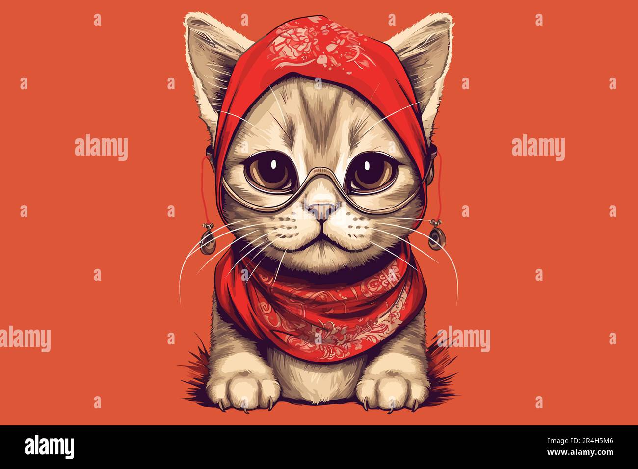 Cute cat in a red bandana on his head. Vector illustration Stock Vector