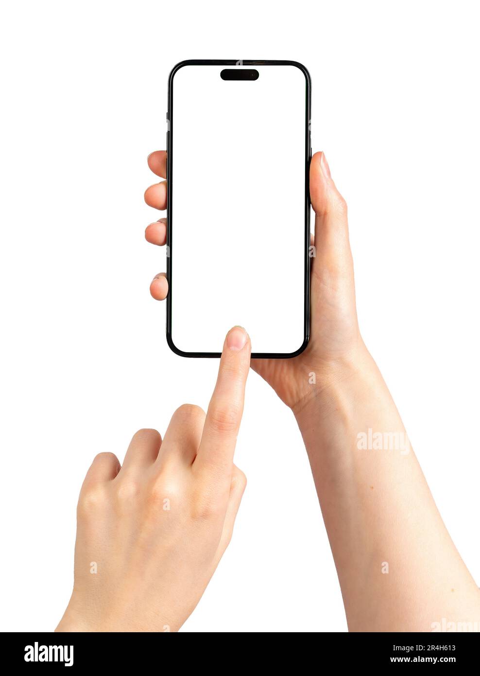 Lodz, Poland May 26 2023 Iphone 14 pro max screen mock-up in hand, finger tapping, clicking on touchscreen mockup, isolated on white background. Stock Photo