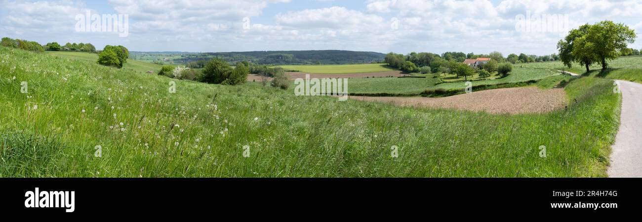 Beautiful undulating landscape with a view of the Gulp valley ('Gulpdal') near the Limburg village of Slenaken in the Netherlands. Widescreen Stock Photo
