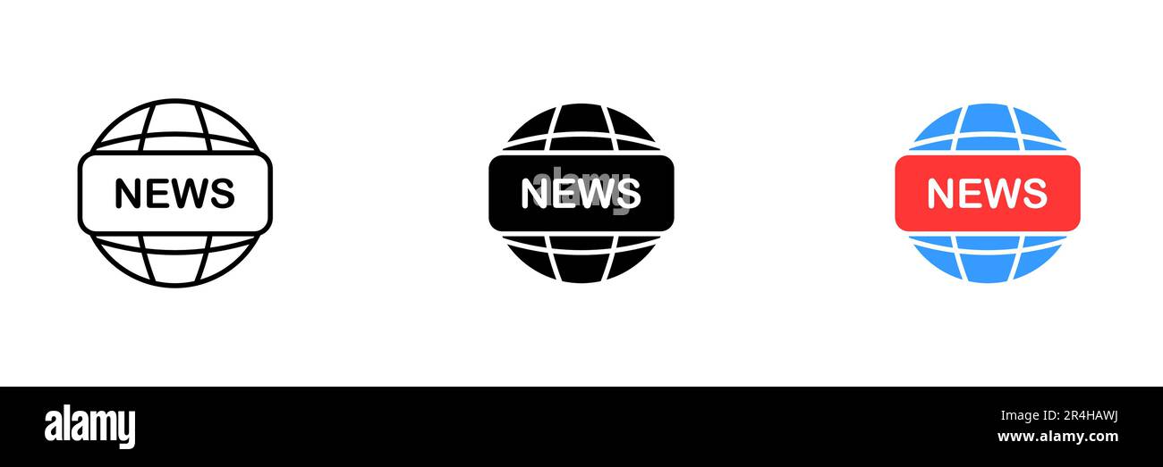 An illustration of a planet with the word NEWS overlaid, representing global news or world events. Vector set of icons in line, black and colorful sty Stock Vector