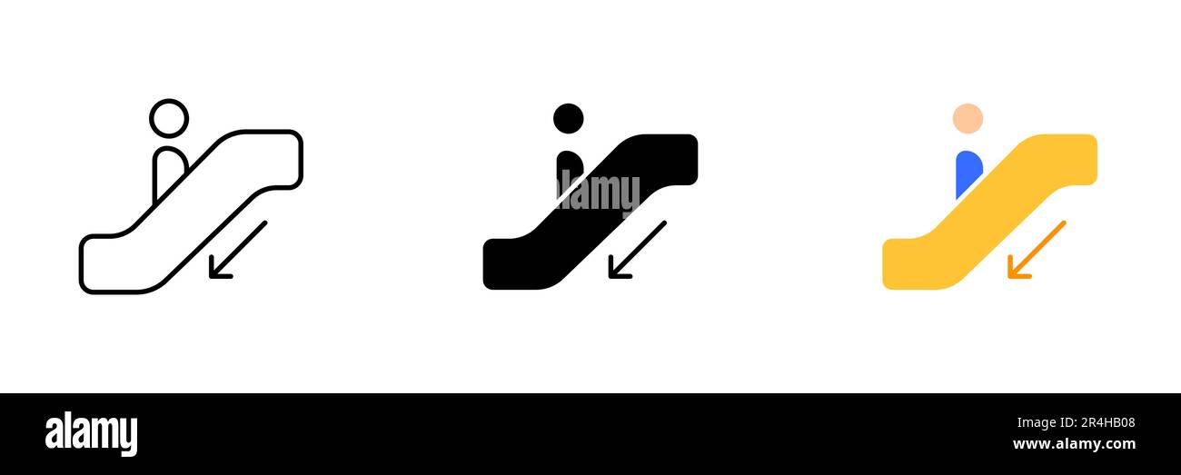 An illustration of a person riding down an escalator or moving walkway, representing convenience and modern transportation. Vector set of icons in lin Stock Vector