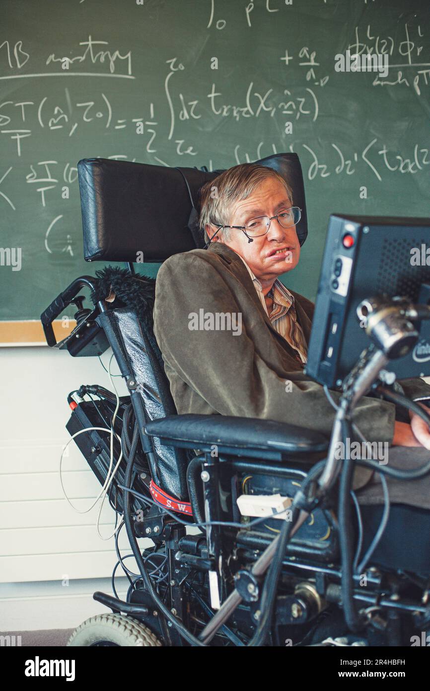 Stephen Hawking is the former Lucasian Professor of Mathematics at the University of Cambridge and author of A Brief History of Time which was an inte Stock Photo