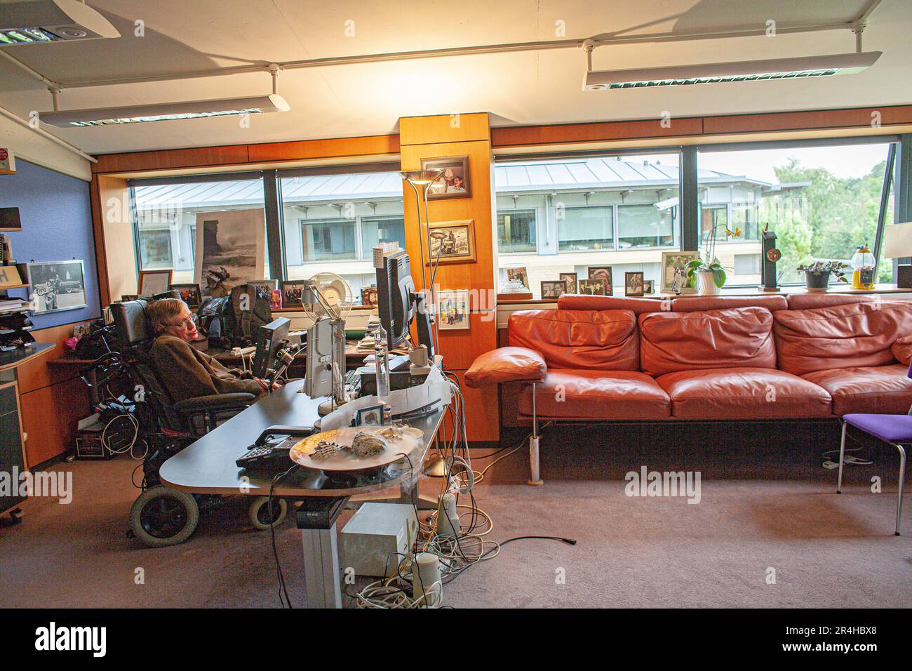 Stephen Hawking Professor of Mathematics at his office at the University of Cambridge . Stock Photo
