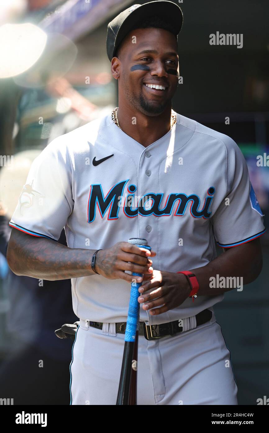 Miami Marlins designated hitter Jorge Soler (12) in the fifth inning of a  baseball game Wednesday, May 24, 2023, in Denver. (AP Photo/David  Zalubowski Stock Photo - Alamy