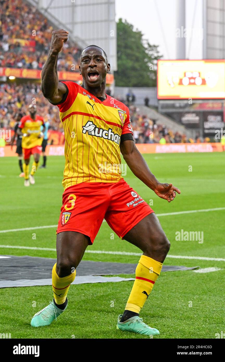 players of RC Lens and their president Joseph Oughourlian pictured  celebrating after winning and qualifying for the Champions League after a  soccer game between t Racing Club de Lens and AC Ajaccio