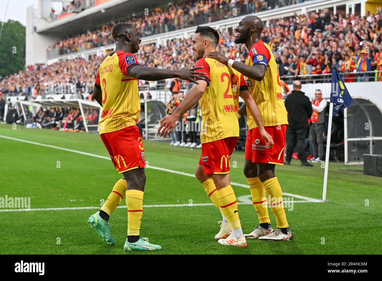 President Joseph Oughourlian of RC Lens pictured celebrating with his  players of RC Lens after winning a soccer game between t Racing Club de Lens  and AC Ajaccio, on the 37th matchday