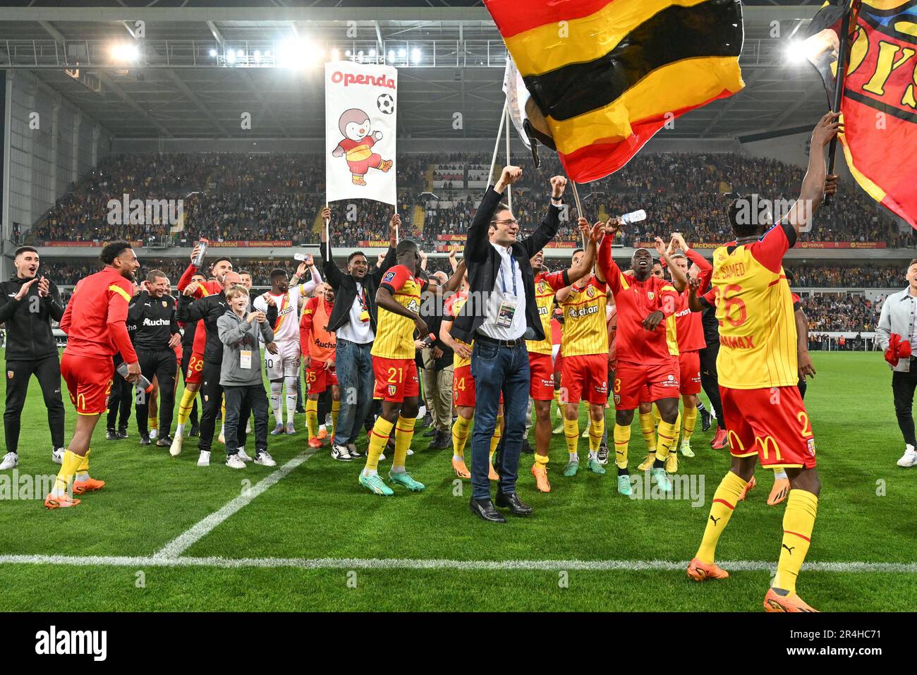 President Joseph Oughourlian of RC Lens pictured celebrating with his  players of RC Lens after winning a soccer game between t Racing Club de Lens  and AC Ajaccio, on the 37th matchday