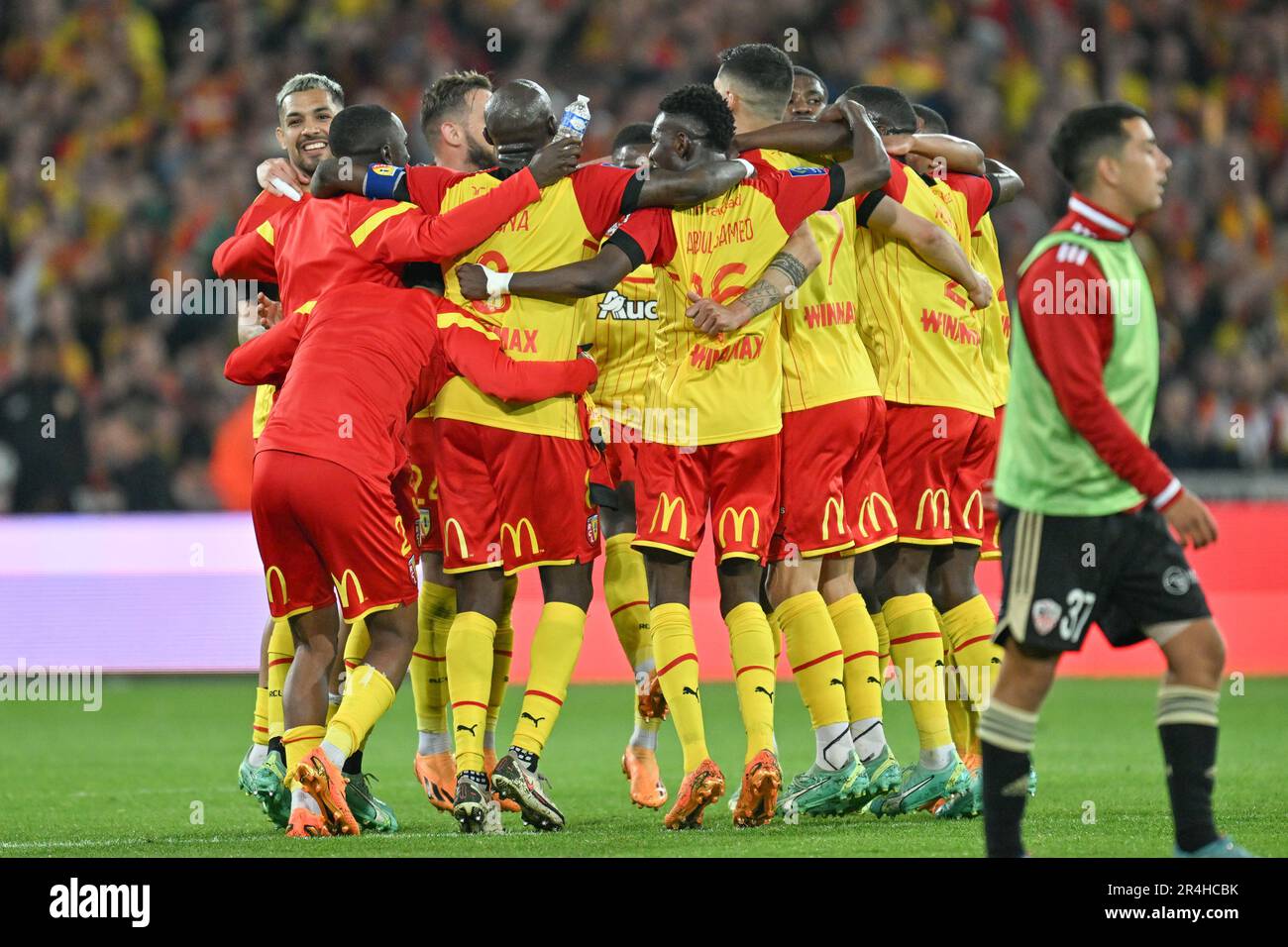 President Joseph Oughourlian of RC Lens pictured celebrating with his  players of RC Lens after winning a soccer game between t Racing Club de Lens  and AC Ajaccio, on the 37th matchday