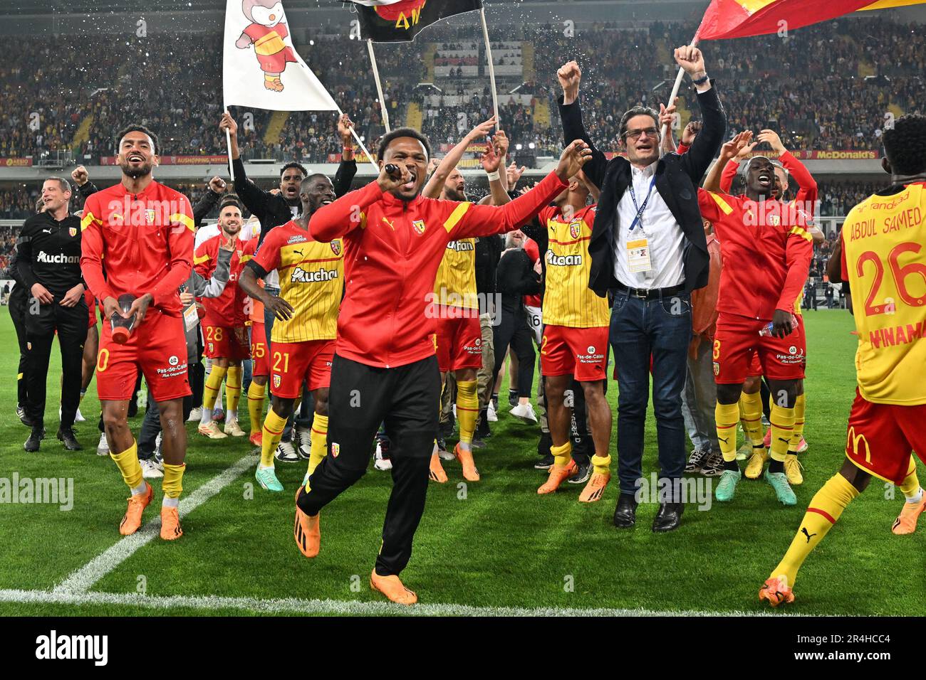 President Joseph Oughourlian of RC Lens pictured celebrating with his  players of RC Lens after winning a soccer game between t Racing Club de Lens  and AC Ajaccio, on the 37th matchday