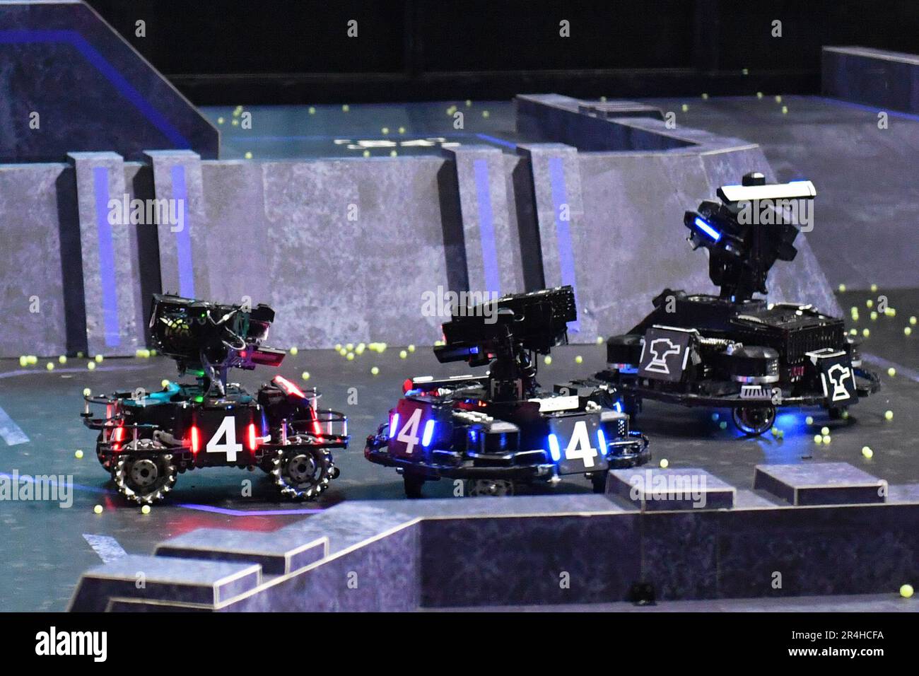 Changsha, China's Hunan Province. 28th May, 2023. Robots compete during the RoboMaster 2023 University Championship Regional Competition (South China) in Changsha, central China's Hunan Province, May 28, 2023. The four-day regional competition concluded in Changsha on Sunday, with team RobotPilots from Shenzhen University winning the first place and team TOE from Dalian Jiaotong University being the second. Credit: Chen Zhenhai/Xinhua/Alamy Live News Stock Photo