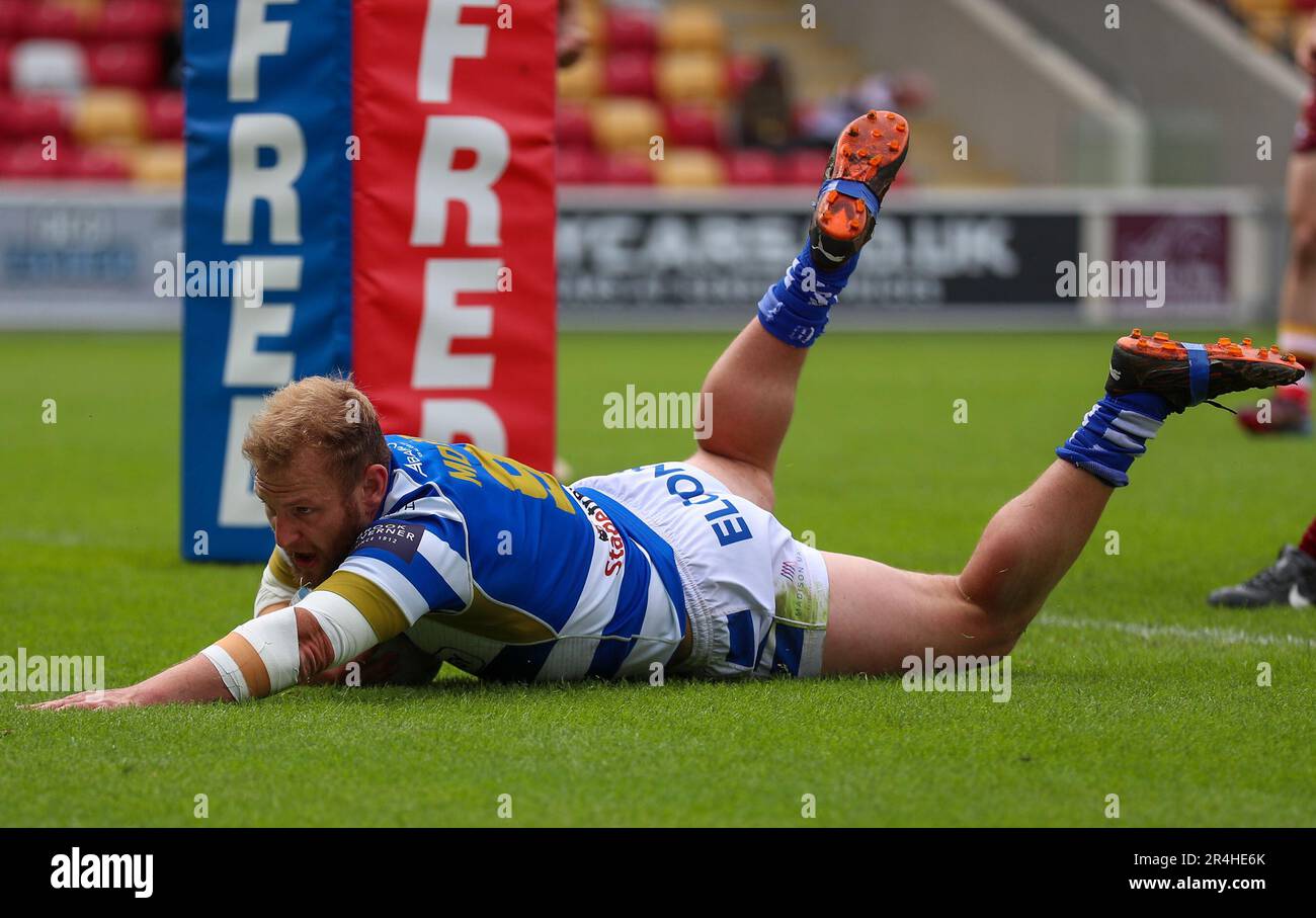 York, UK. 28th May, 2023. Try Halifax Brandon Moore *** during the Betfred Championship match between Halifax Panthers and Batley Bulldogs at the LNER Community Stadium, York, UK on 28 May 2023. Photo by Simon Hall. Editorial use only, license required for commercial use. No use in betting, games or a single club/league/player publications. Credit: UK Sports Pics Ltd/Alamy Live News Stock Photo