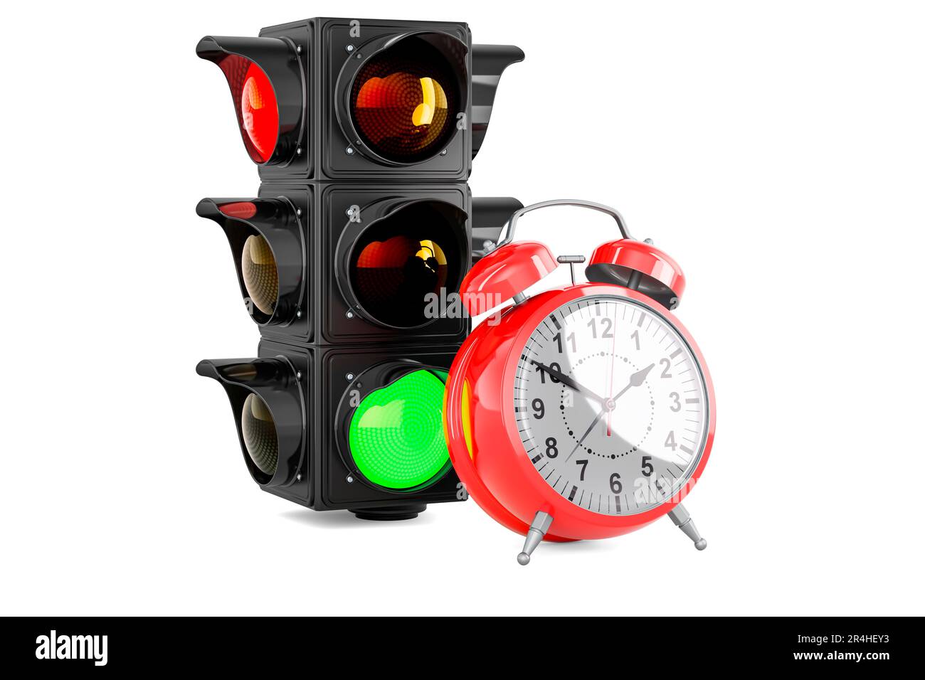 Traffic light with green color with alarm clock, 3D rendering isolated on white background Stock