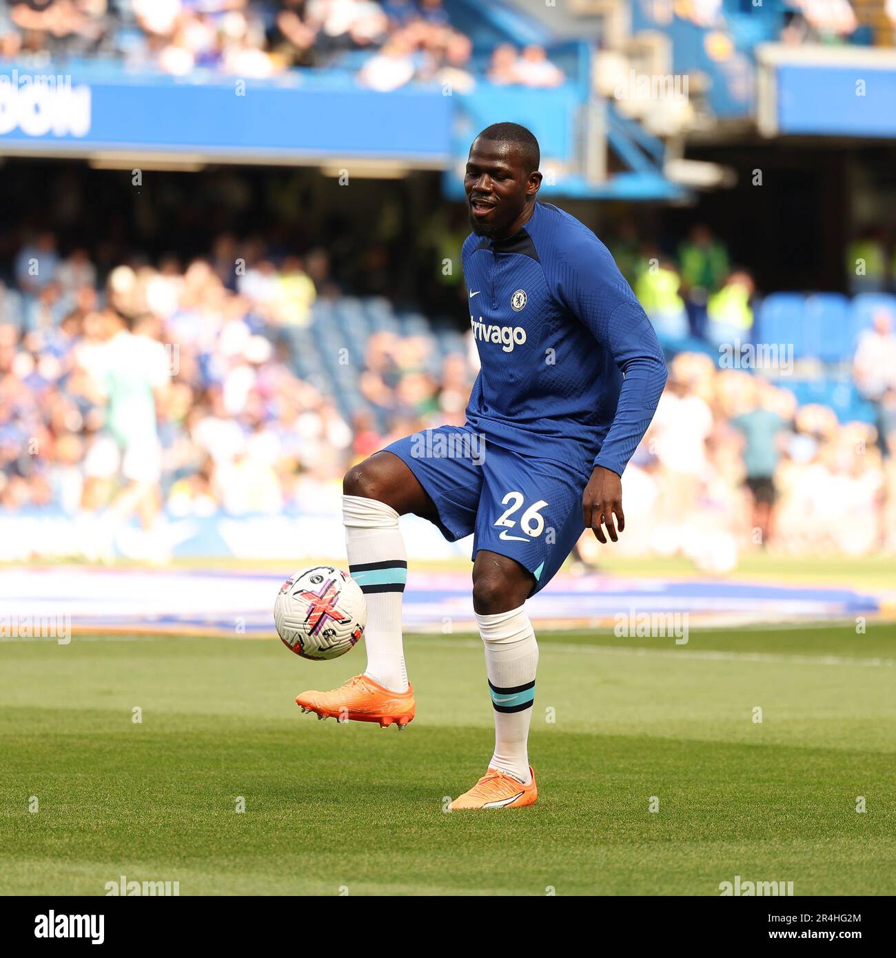 London, UK. 28th May, 2023. Kalidou Koulibaly of Chelsea warms up during the Premier League match between Chelsea and Newcastle United at Stamford Bridge, London, England on 28 May 2023. Photo by Ken Sparks. Editorial use only, license required for commercial use. No use in betting, games or a single club/league/player publications. Credit: UK Sports Pics Ltd/Alamy Live News Stock Photo