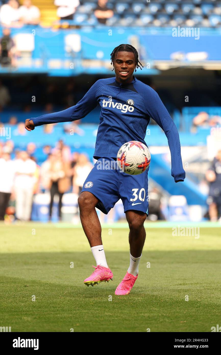 London, UK. 28th May, 2023. Carney Chukwuemeka of Chelsea warms up during the Premier League match between Chelsea and Newcastle United at Stamford Bridge, London, England on 28 May 2023. Photo by Ken Sparks. Editorial use only, license required for commercial use. No use in betting, games or a single club/league/player publications. Credit: UK Sports Pics Ltd/Alamy Live News Stock Photo