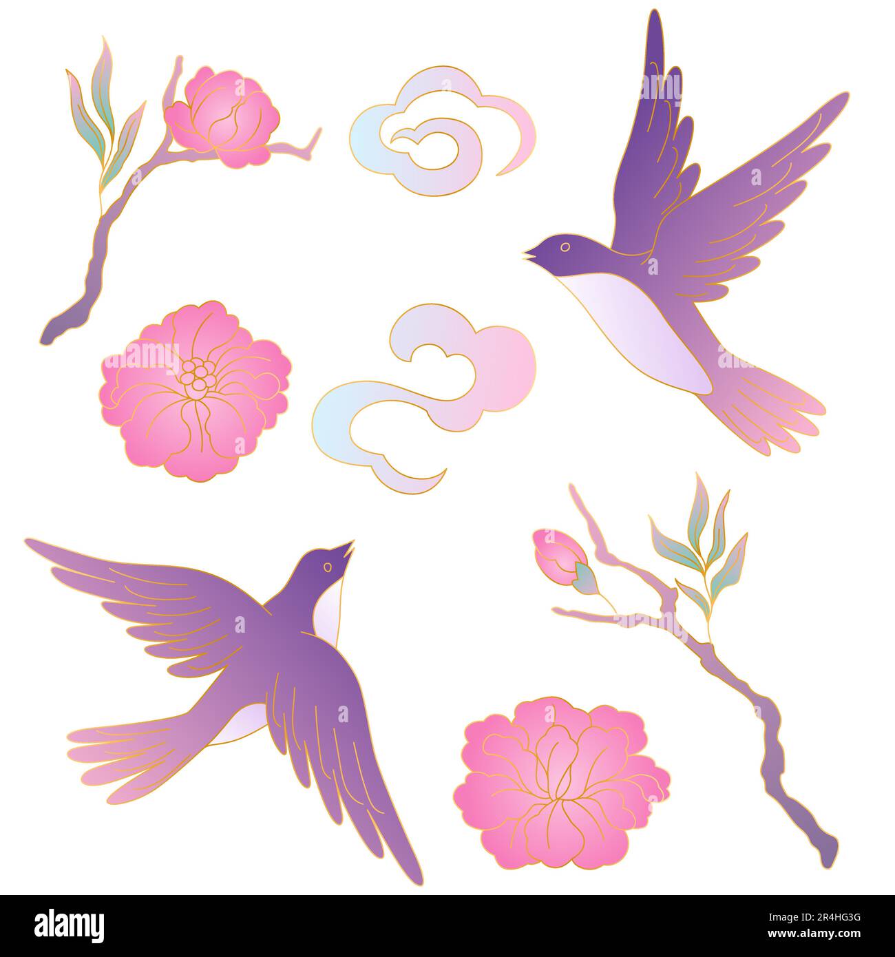 Oriental birds and flowers set. Chinese and japanese traditional ...