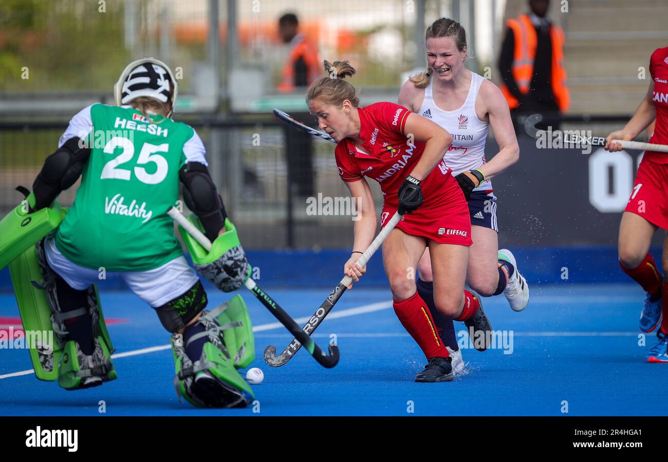 London, UK. 28th May, 2023. England's goalkeeper Sabbie Heesh and Belgium's Louise Versavel fight for the ball during a game between Great Britain and Belgium's Red Panthers, match 2 (out of 12) in the group stage of the 2023 Women's FIH Pro League, Sunday 28 May 2023 in London, United Kingdom. BELGA PHOTO VIRGINIE LEFOUR Credit: Belga News Agency/Alamy Live News Stock Photo