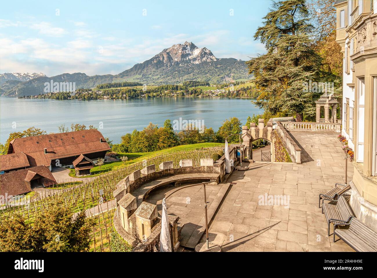 Terrace at Schloss Meggen, a  castle overlooking Lake Lucerne with Mt.Pilatus in Background, Switzerland Stock Photo