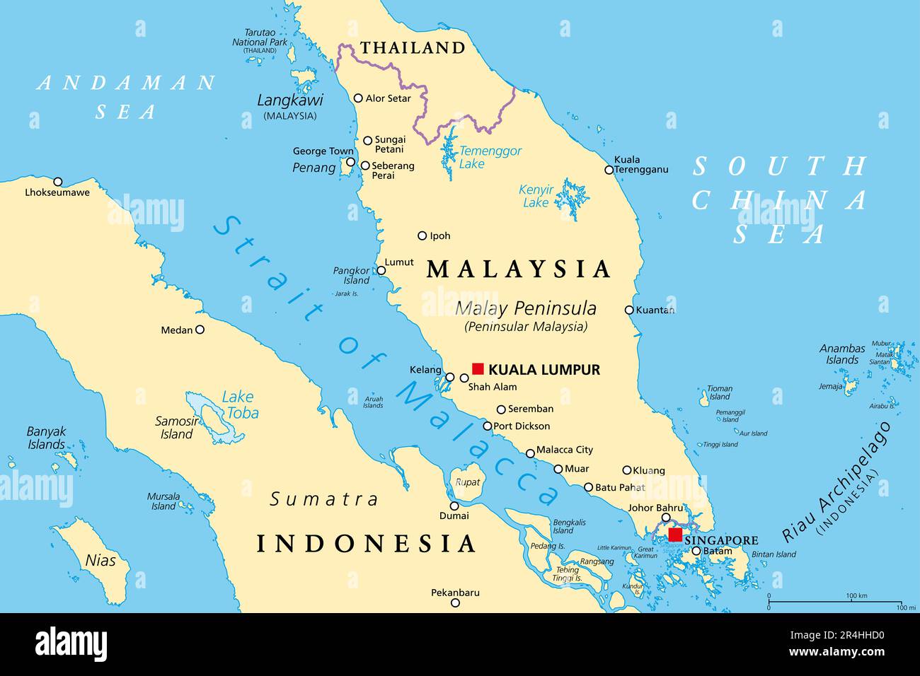 Strait of Malacca, political map. Important shipping lane and main shipping channel between Malay Peninsula (Malaysia) and Sumatra (Indonesia). Stock Photo