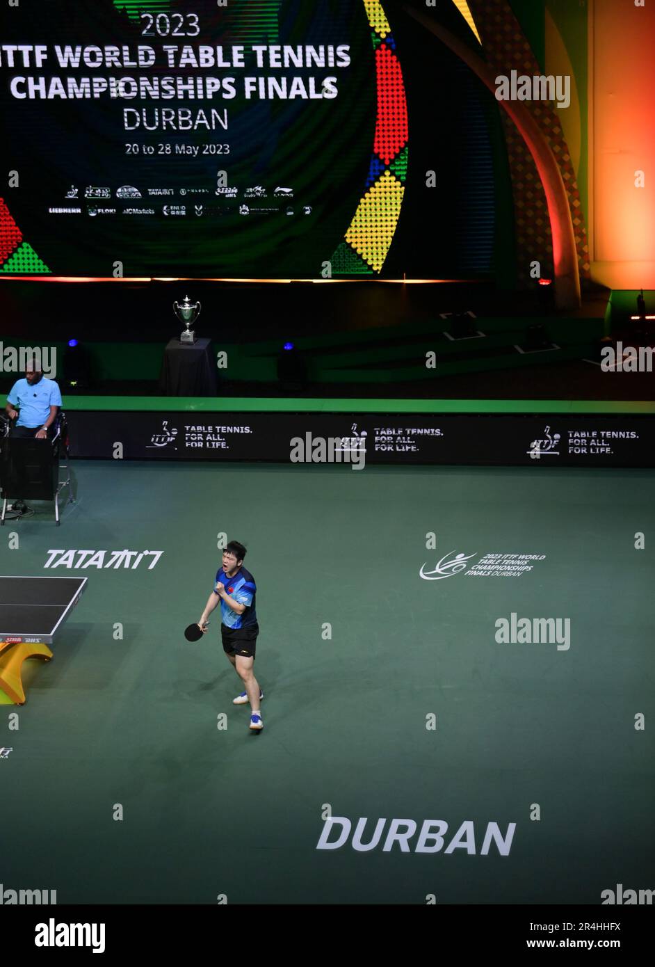 Durban, South Africa. 28th May, 2023. Fan Zhendong of China celebrates