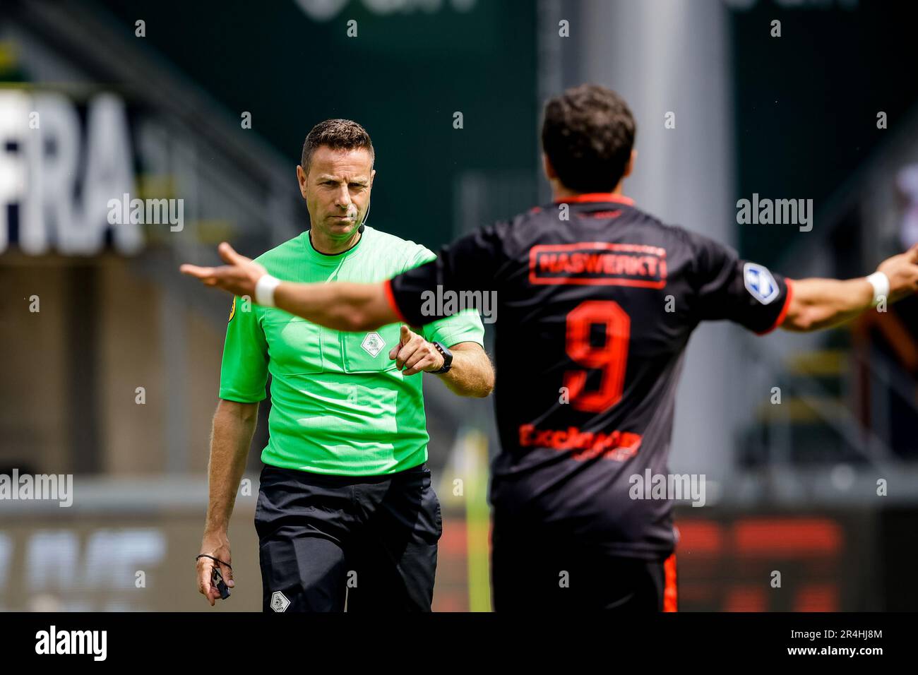 Sittard, Netherlands. 28th May, 2023. SITTARD, NETHERLANDS - MAY 28: Referee Pol van Boekel gestures while Pedro Marques of N.E.C. Nijmegen reacts during the Eredivisie match between Fortuna Sittard and N.E.C. Nijmegen at the Fortuna Sittard Stadion on May 28, 2023 in Sittard, Netherlands (Photo by Broer van den Boom/Orange Pictures) Credit: Orange Pics BV/Alamy Live News Stock Photo