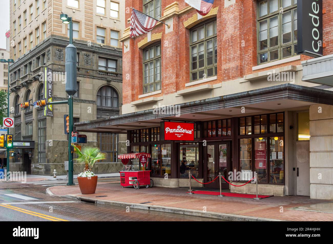 San Antonio, Texas, USA – May 9, 2023: The La Panadería Bakery Café located on the corner of Navarro and Houston Street in downtown San Antonio, Texas Stock Photo