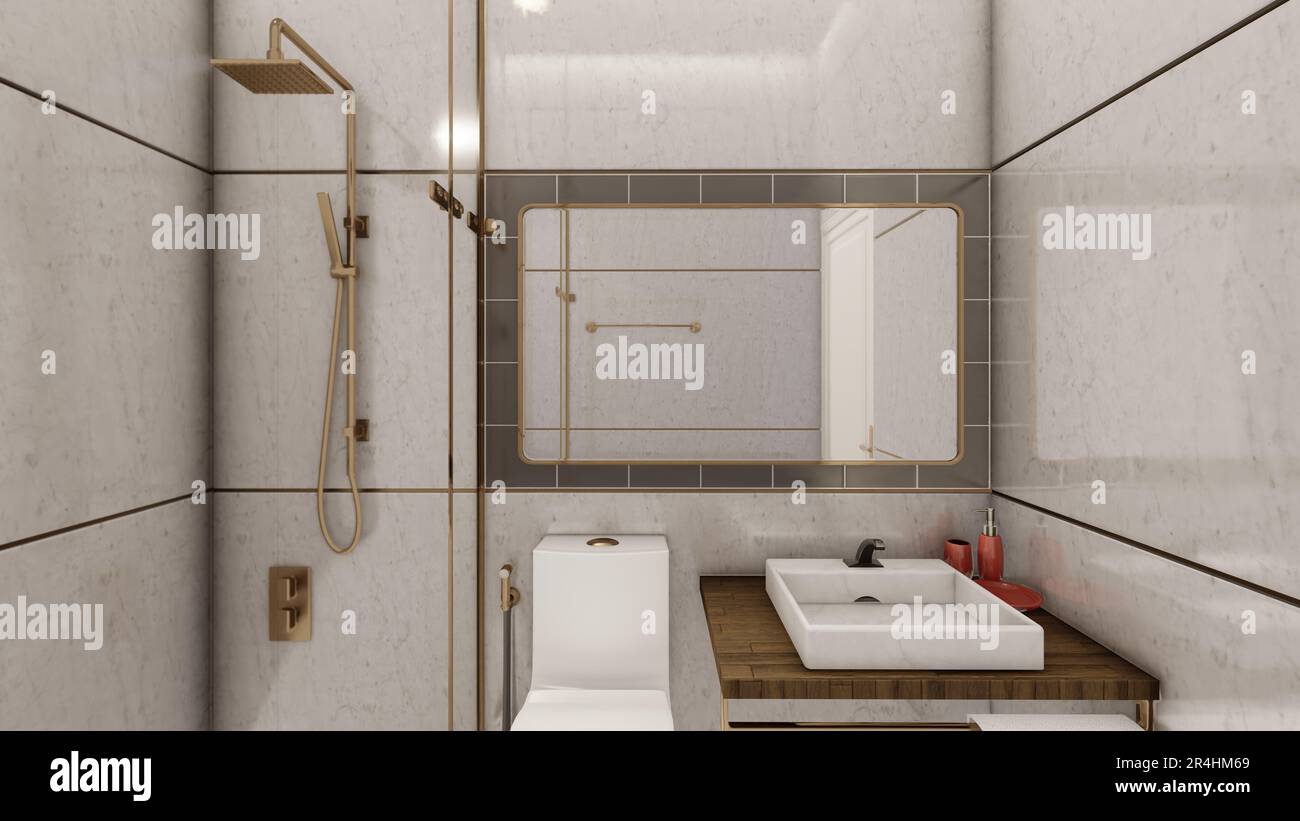 Luxury grey minimalist toilet interior design 3d rendering Stock Photo