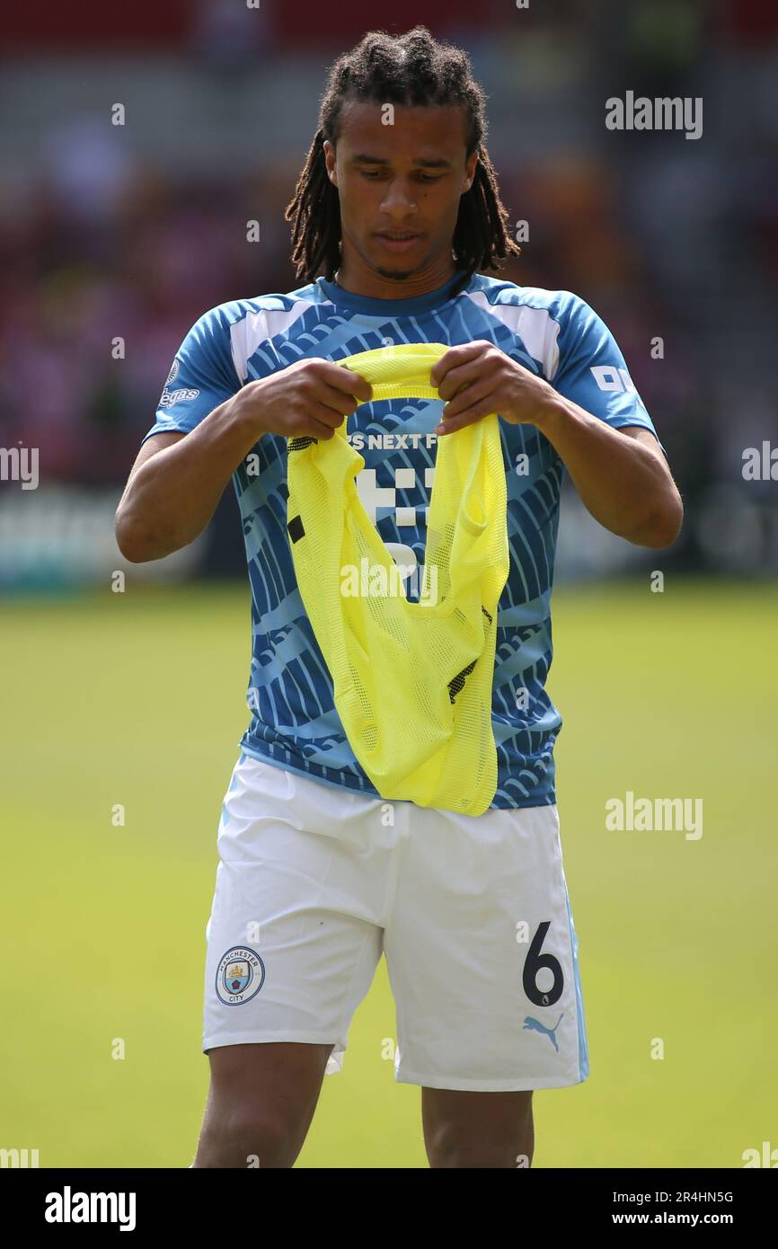 London, UK. 28th May, 2023. Nathan Ake of Manchester City during the Premier League match between Brentford and Manchester City at Gtech Community Stadium, London, England on 28 May 2023. Photo by Pedro Soares. Editorial use only, license required for commercial use. No use in betting, games or a single club/league/player publications. Credit: UK Sports Pics Ltd/Alamy Live News Stock Photo
