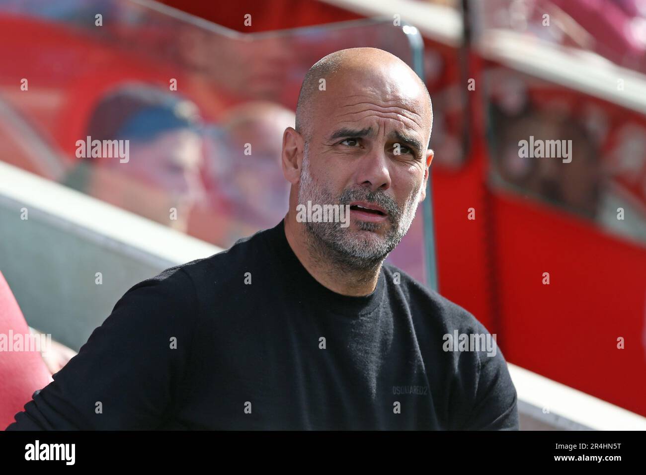 London, UK. 28th May, 2023. Manager Josep Guardiola of Manchester City during the Premier League match between Brentford and Manchester City at Gtech Community Stadium, London, England on 28 May 2023. Photo by Pedro Soares. Editorial use only, license required for commercial use. No use in betting, games or a single club/league/player publications. Credit: UK Sports Pics Ltd/Alamy Live News Stock Photo