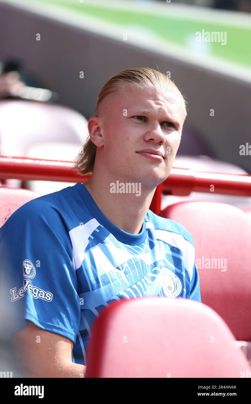 London, UK. 28th May, 2023. Erling Haland of Manchester City starts on the bench during the Premier League match between Brentford and Manchester City at Gtech Community Stadium, London, England on 28 May 2023. Photo by Pedro Soares. Editorial use only, license required for commercial use. No use in betting, games or a single club/league/player publications. Credit: UK Sports Pics Ltd/Alamy Live News Stock Photo