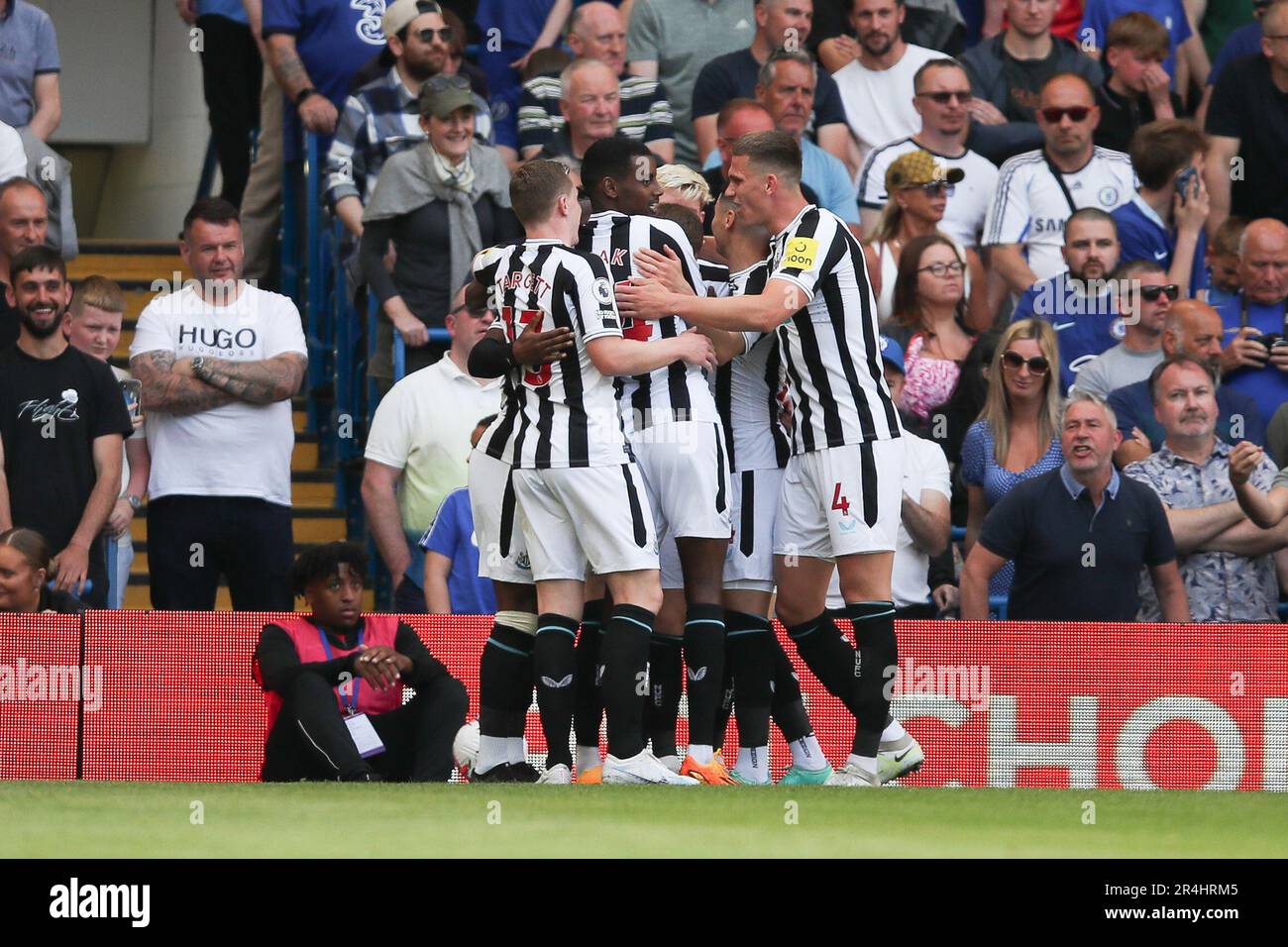 London, UK. 28th May, 2023. A cross by Allan Saint-Maximin of Newcastle Utd is turned in by Anthony Gordon of Newcastle Utd who celebrates during the Premier League match between Chelsea and Newcastle United at Stamford Bridge, London, England on 28 May 2023. Photo by Ken Sparks. Editorial use only, license required for commercial use. No use in betting, games or a single club/league/player publications. Credit: UK Sports Pics Ltd/Alamy Live News Stock Photo