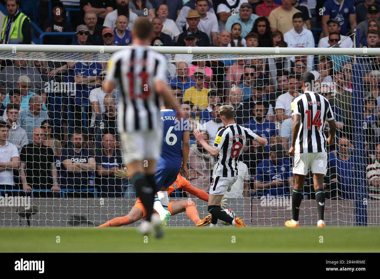 London, UK. 28th May, 2023. A cross by Allan Saint-Maximin of Newcastle Utd is turned in by Anthony Gordon of Newcastle Utd during the Premier League match between Chelsea and Newcastle United at Stamford Bridge, London, England on 28 May 2023. Photo by Ken Sparks. Editorial use only, license required for commercial use. No use in betting, games or a single club/league/player publications. Credit: UK Sports Pics Ltd/Alamy Live News Stock Photo