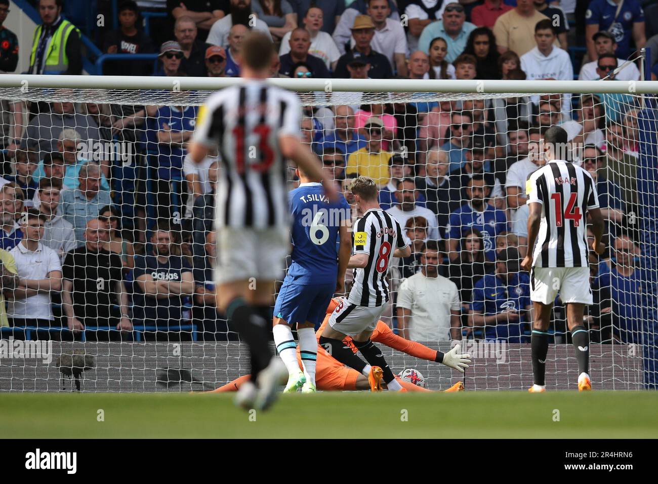 London, UK. 28th May, 2023. A cross by Allan Saint-Maximin of Newcastle Utd is turned in by Anthony Gordon of Newcastle Utd during the Premier League match between Chelsea and Newcastle United at Stamford Bridge, London, England on 28 May 2023. Photo by Ken Sparks. Editorial use only, license required for commercial use. No use in betting, games or a single club/league/player publications. Credit: UK Sports Pics Ltd/Alamy Live News Stock Photo