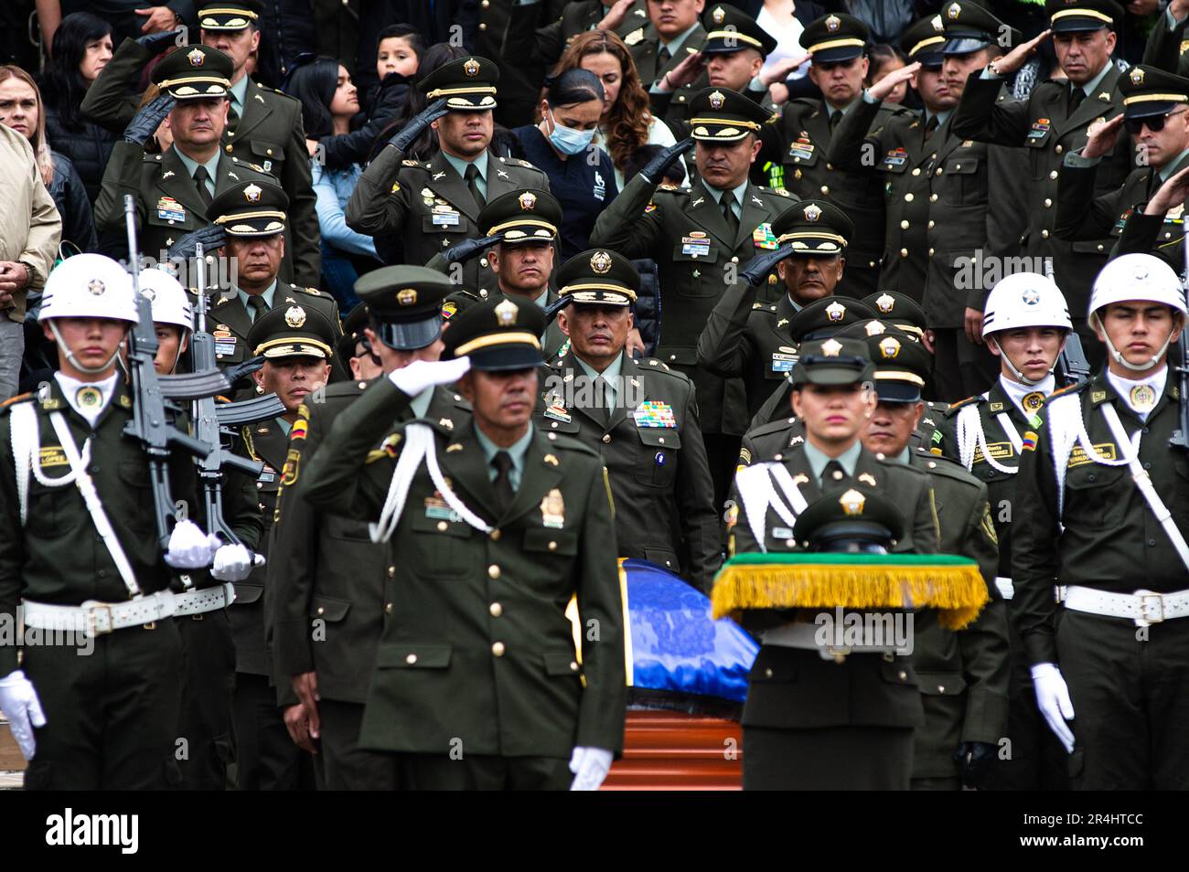 Bogota, Colombia. 28th May, 2023. Colombia's police members carry the casket during the funeral honors to police officer Andres Idarraga Orozco killed in a guerrilla bomb attack in Tibu, Norte de Santander, in Bogota, Colombia, may 28, 2023. Photo by: Sebastian Barros/Long Visual Press Credit: Long Visual Press/Alamy Live News Stock Photo