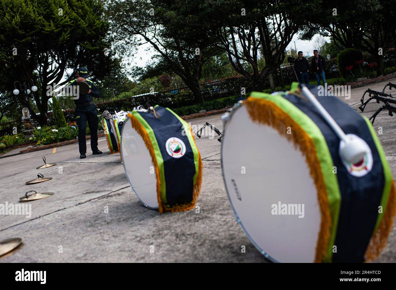 Bogota, Colombia. 28th May, 2023. Colombian police music band prepares during the funeral honors to police officer Andres Idarraga Orozco killed in a guerrilla bomb attack in Tibu, Norte de Santander, in Bogota, Colombia, may 28, 2023. Photo by: Sebastian Barros/Long Visual Press Credit: Long Visual Press/Alamy Live News Stock Photo