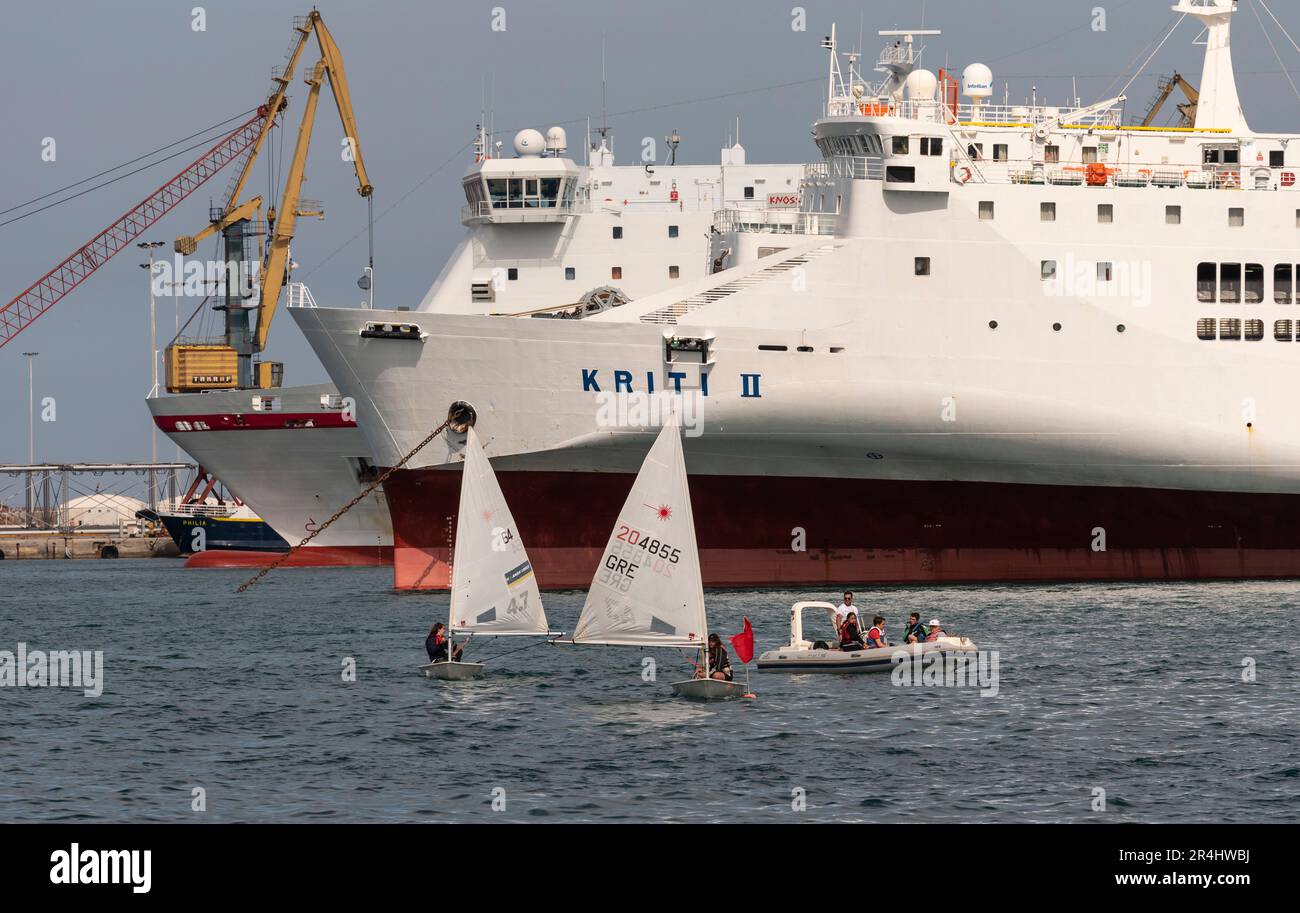 Heraklion, Crete, Greece. 2023. Young people learning to sail with