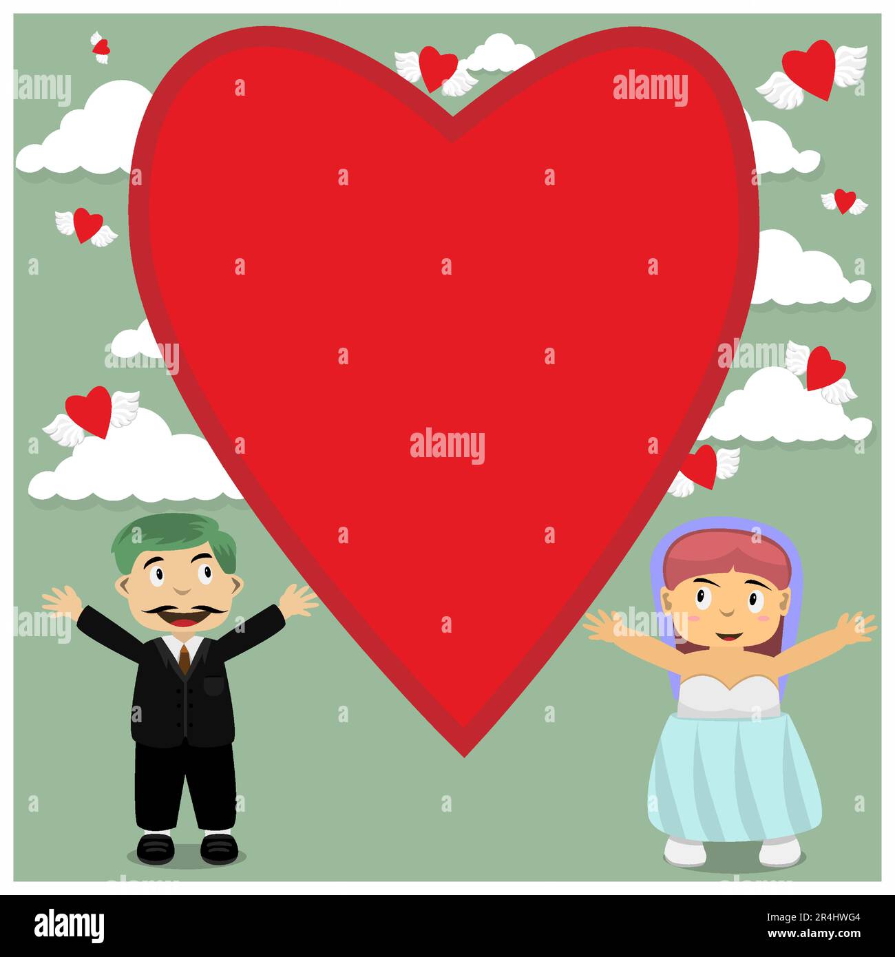 Vector Illustration Of Couple On Wedding Love Template, Big Love, and Sky Background. Stock Vector