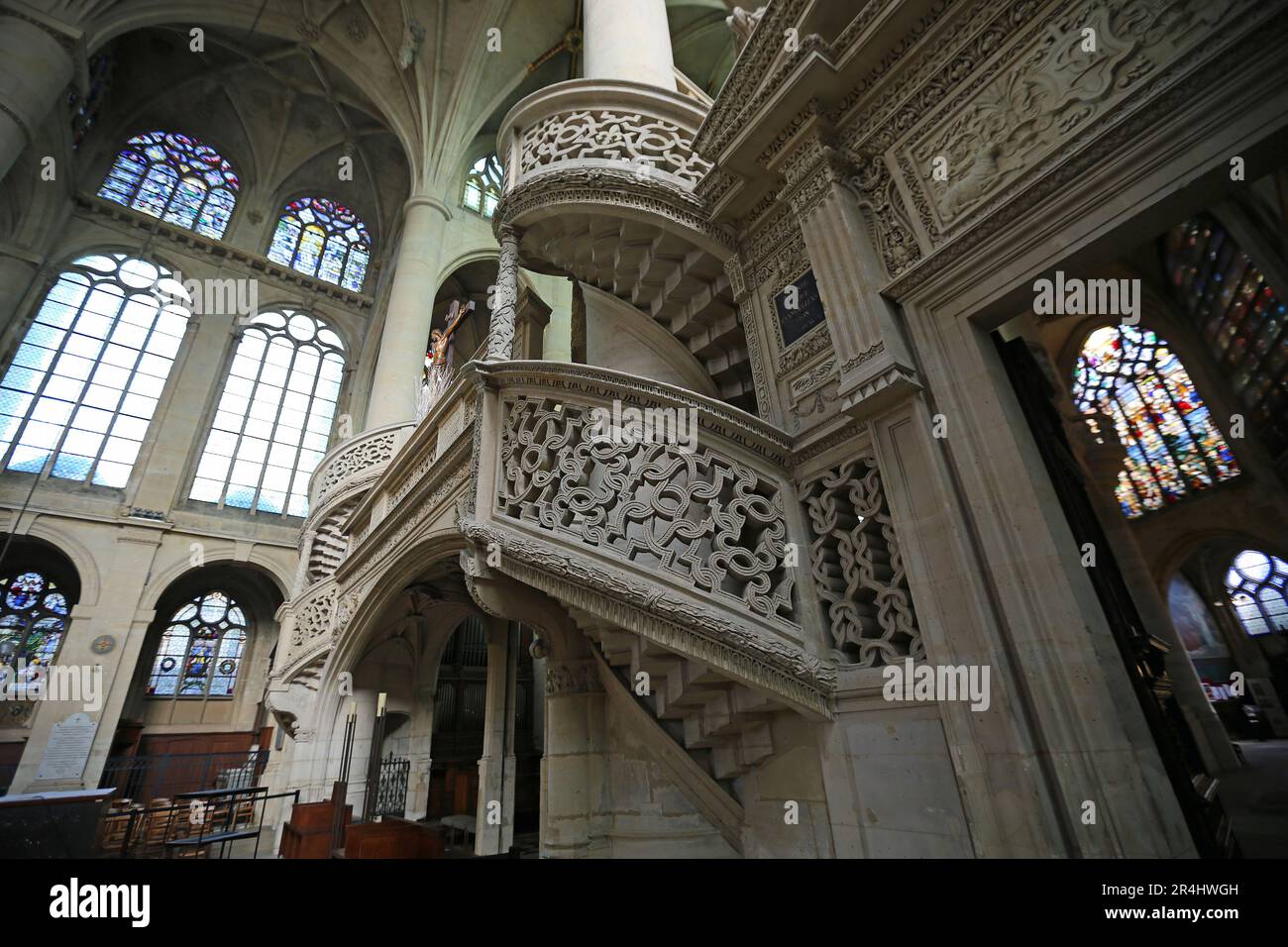 View at spiral staircase - Saint-Etienne-Du-Mont - Paris, France Stock Photo