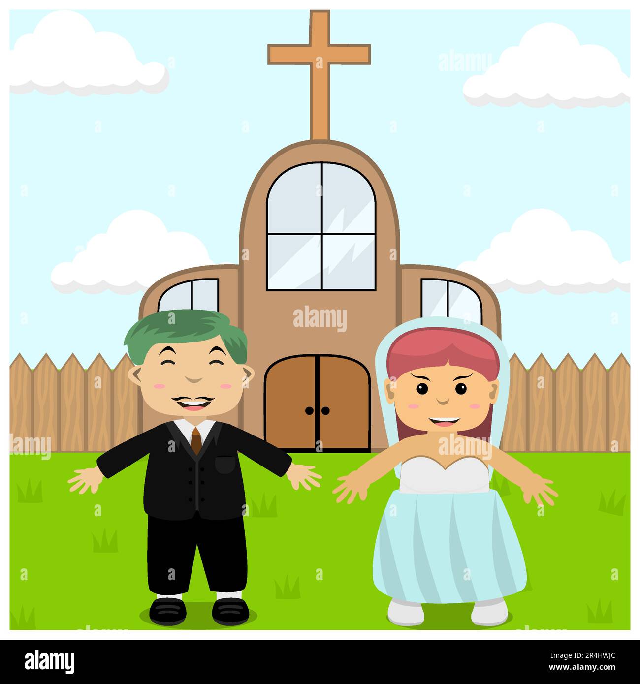 Vector Illustration Of Couple Wedding in Church Field, Shape Flat and Sky Color Background. Stock Vector