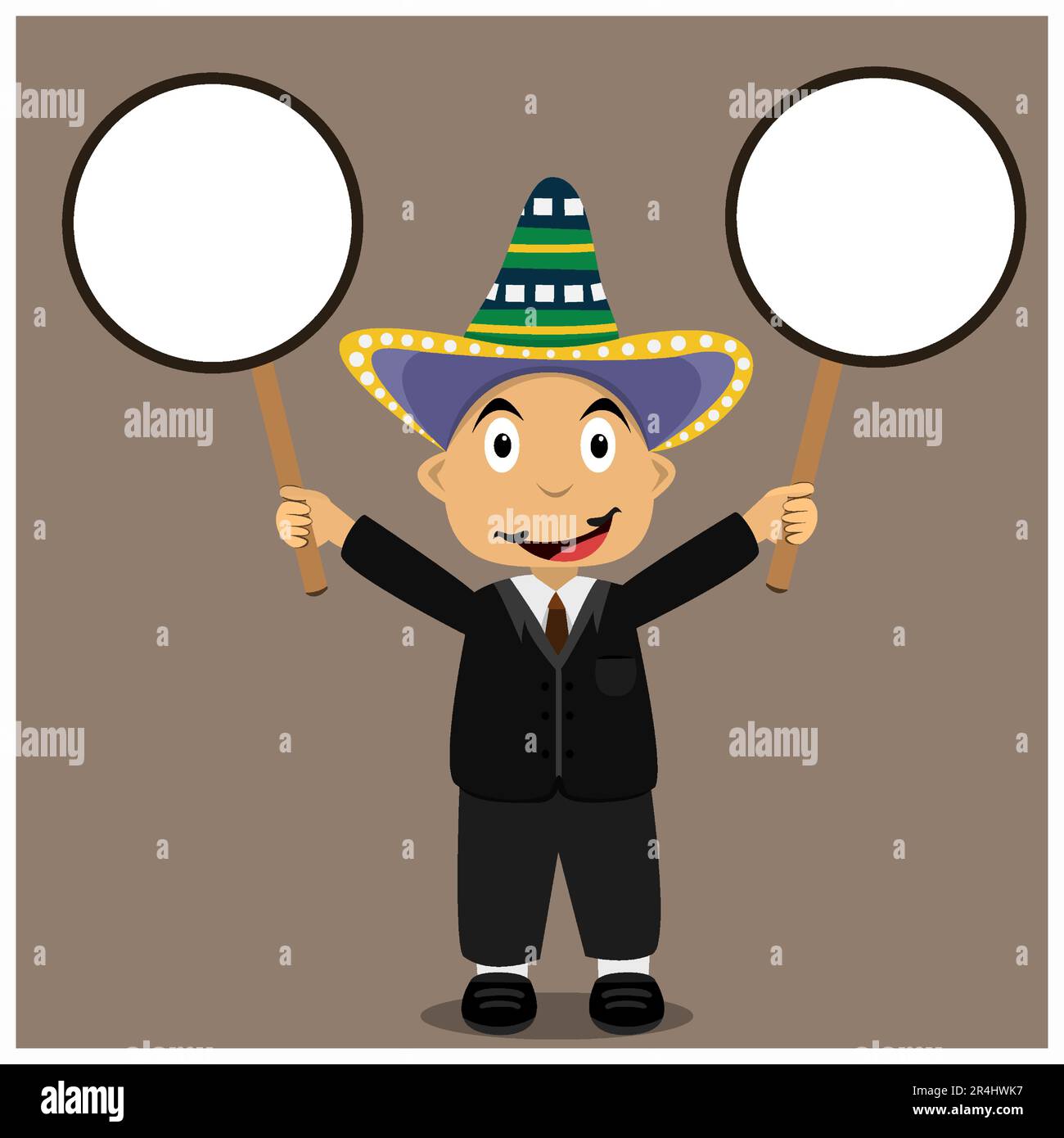 Vector Illustration of Mexico Boy With Two Blank Banner and Brown Color Background. Stock Vector